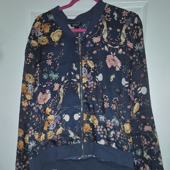 Rozas Jackets & Blazers - Blue and Yellow Floral Bomber Jacket with Ribbed Cuffs